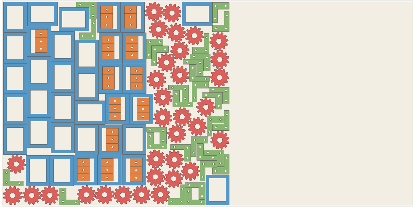 A benchmark job as nested: frames with inserts in their windows, gears and brackets, compressed to one end of the sheet