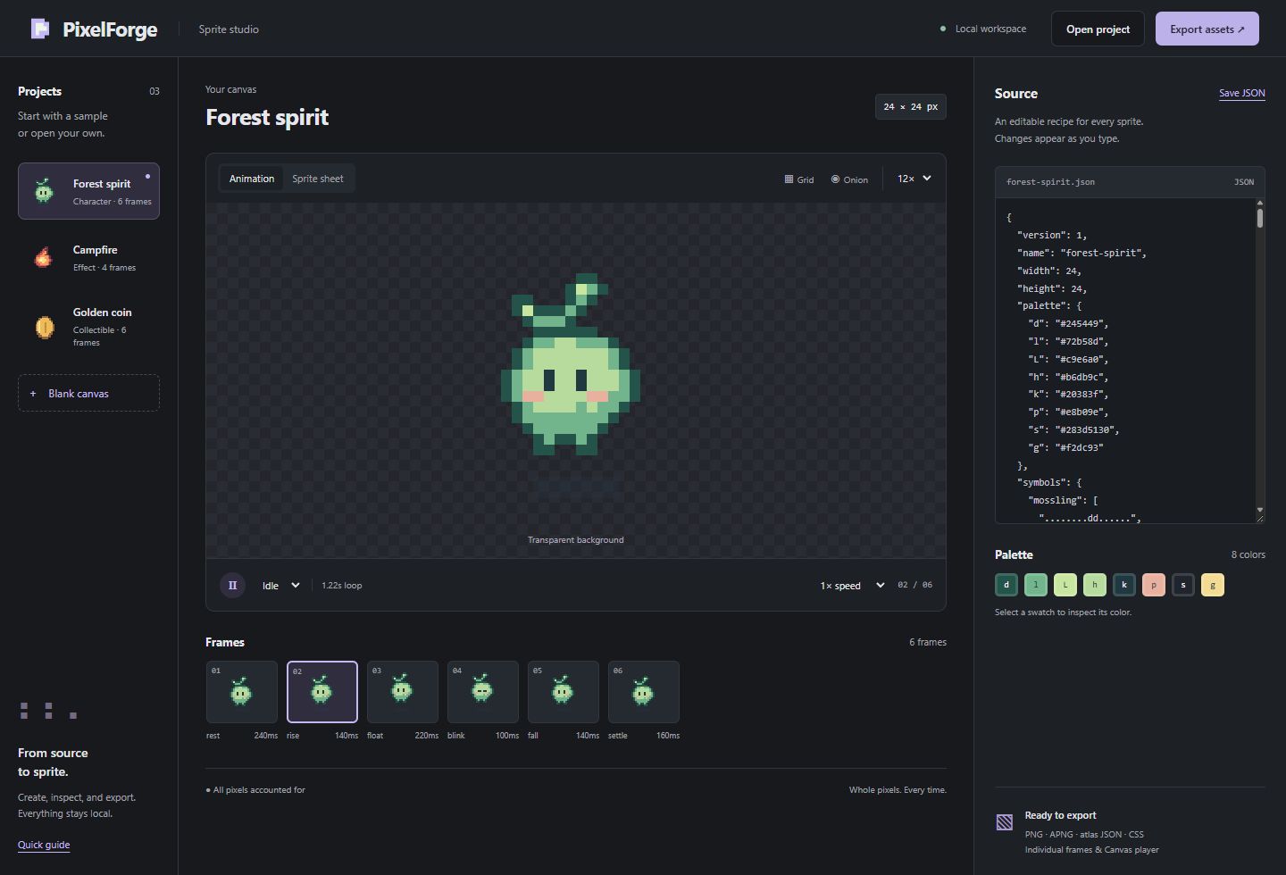 หน้าจอ PixelForge Studio แสดงสูตร Sprite และไทม์ไลน์แอนิเมชัน