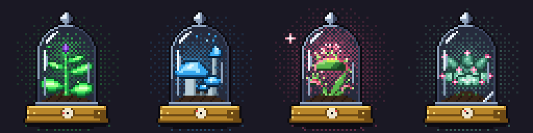 Four bell jars: a sprouting bloom, glowcap mushrooms, a snapping flytrap and a succulent