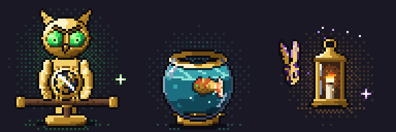 Three clockwork familiars: a brass owl, a koi in its bowl and a crystal moth over a lantern