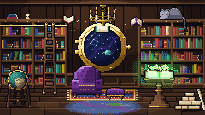 A library drawn with PixelForge: books circle the chandelier, a lectern book turns its page and a grey tabby sleeps on a shelf