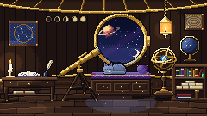 An observatory: a porthole onto a ringed planet, a telescope, an armillary with a blooming crystal and a cat asleep on the window seat