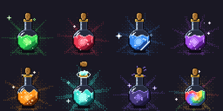 Eight potions, each popping its cork: green, red, blue, purple, orange, frost, shadow and rainbow