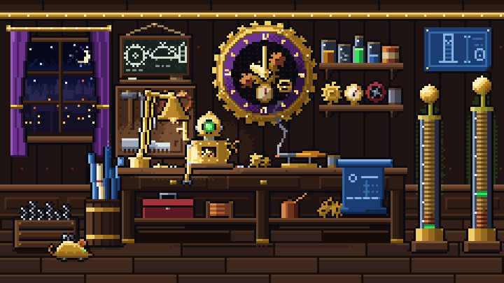 A workshop: a half-built brass automaton, a gear clock, glass coils that arc and a clockwork mouse