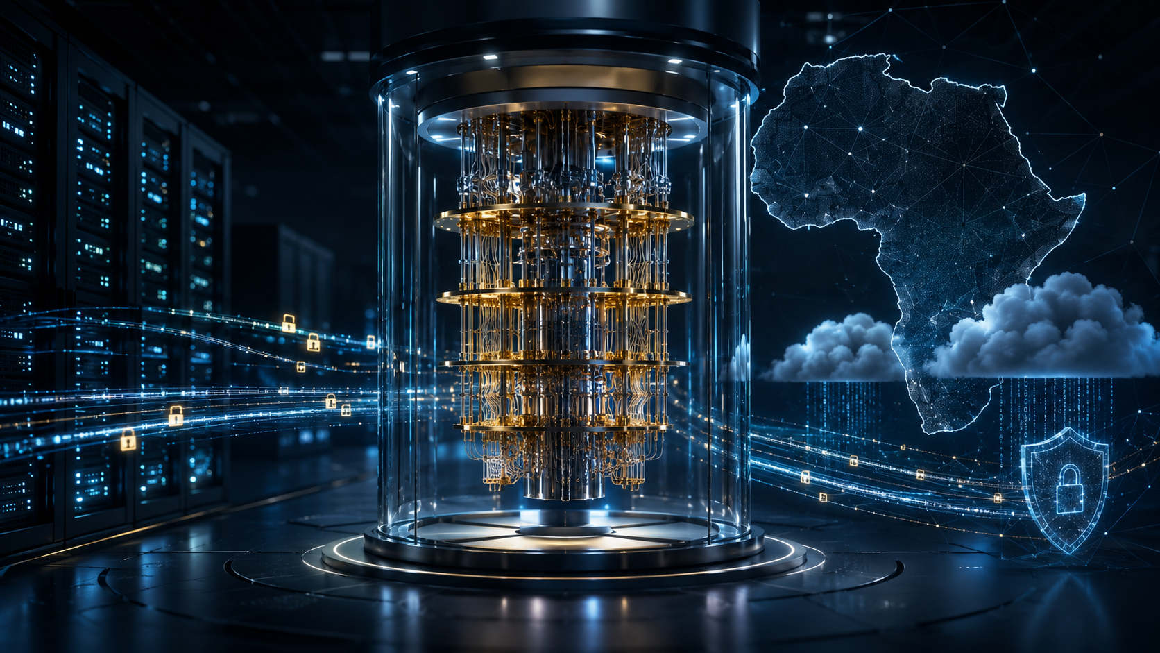 Futuristic quantum computing system connected to cloud infrastructure, cybersecurity controls, encrypted data streams and an abstract African continent outline
