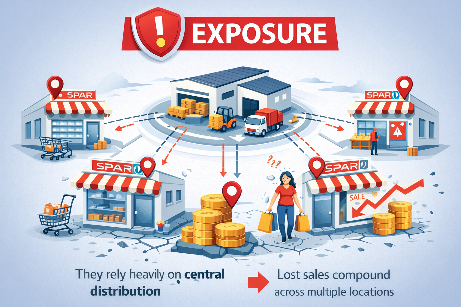 Exposure: reliance on central distribution; volume magnifies replenishment errors; lost sales compound across locations; customer behaviour does not automatically revert post-stabilisation