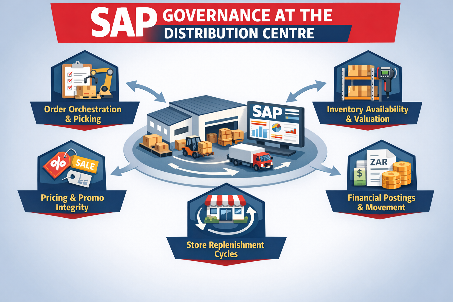 Distribution Centre: SAP governs order orchestration, picking, inventory availability, replenishment cycles, pricing and promotions, and financial postings