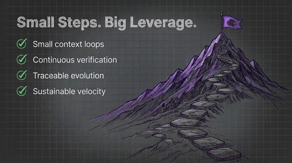 Small steps, big leverage: small context loops, continuous verification, traceable evolution, sustainable velocity