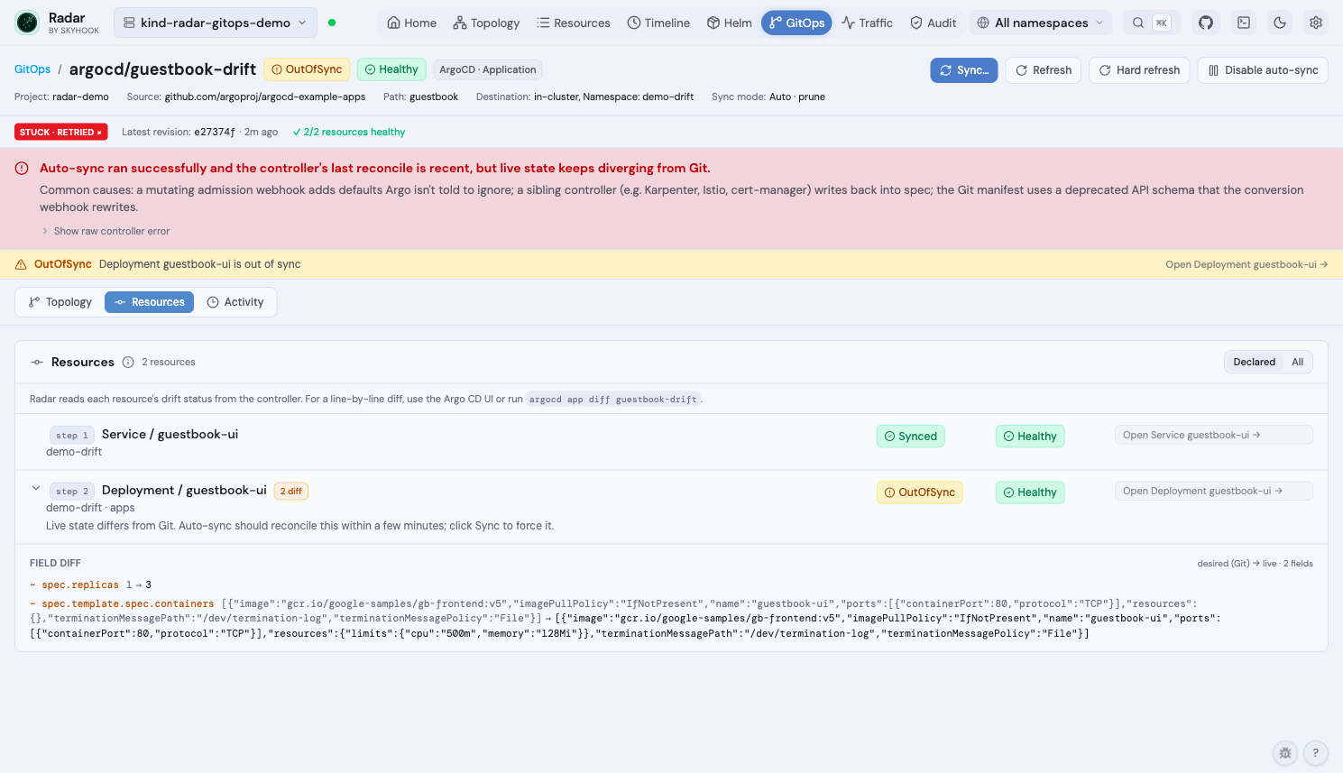 GitOps detail page with stuck-drift-loop diagnosis