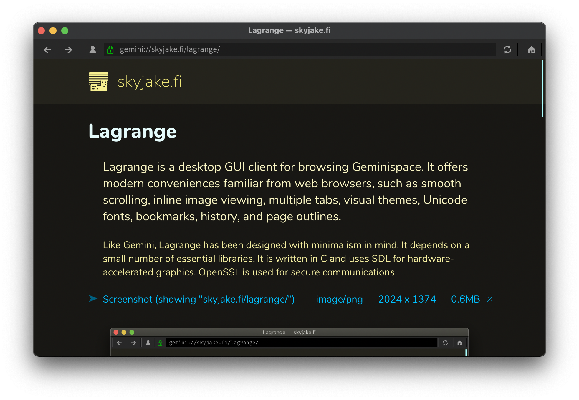 Lagrange window open on URL "about:lagrange"