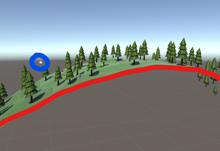 Image of the scene view in Unity with a parabola traced on the screenshot