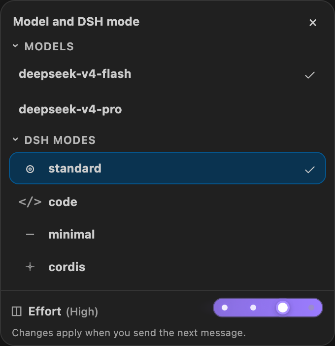 DeepSeek Harness 0.5.9: Flash and Pro model selection, four DSH modes and reasoning effort slider