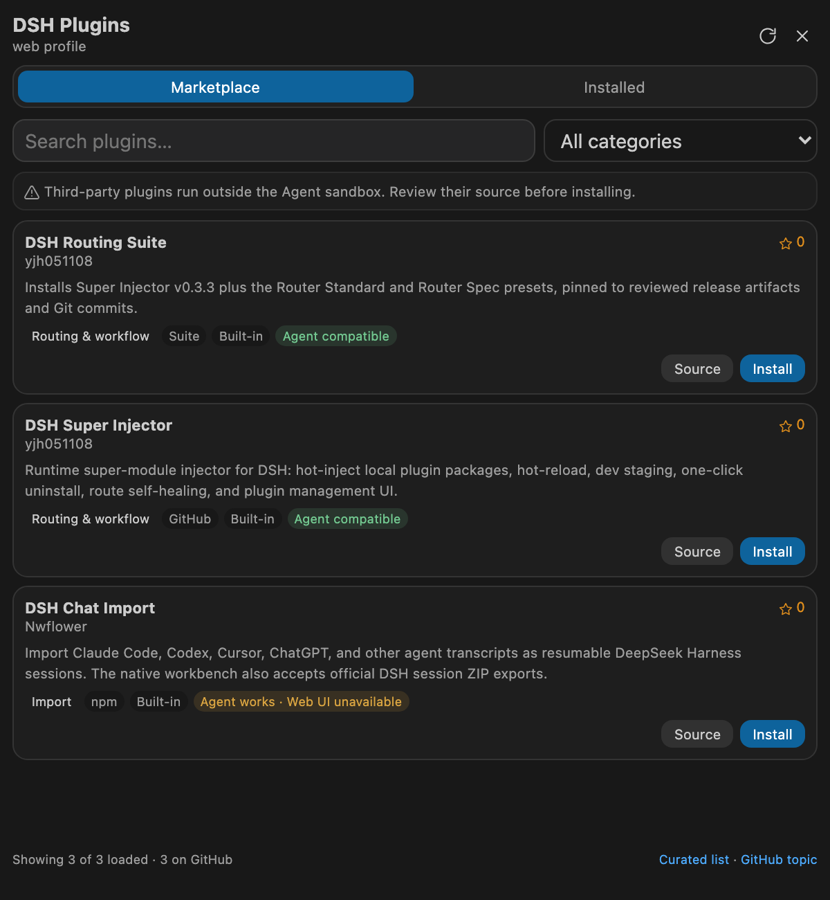 DeepSeek Harness 0.5.9 plugin center with built-in catalog entries and compatibility labels
