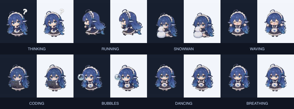 Eight whale-maid actions on dark and light backgrounds