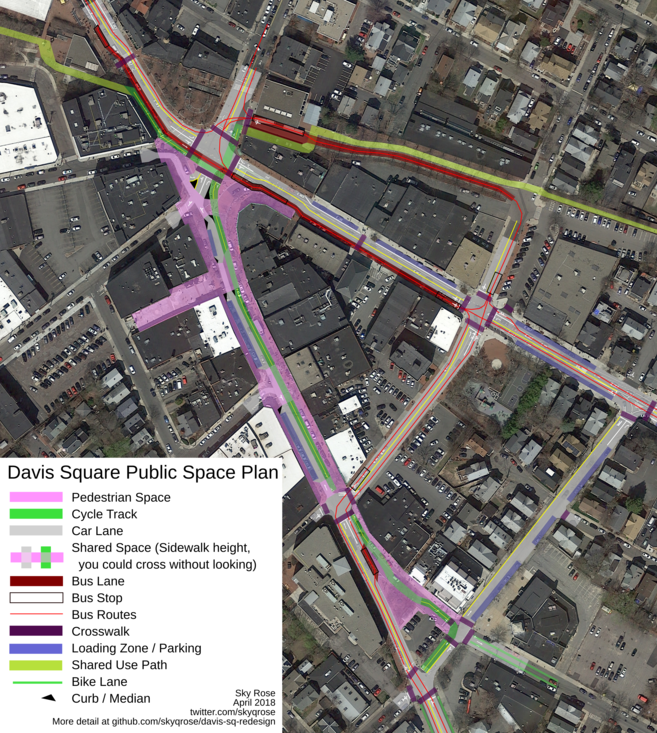 A map of Davis Square with more space for cyclists, pedestrians, and transit.