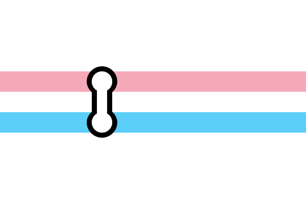 A flag with a horizontal pink stripe and blue stripe on a white background. Slightly left of center, the stripes are joined by a black and white transfer bubble from a subway map.