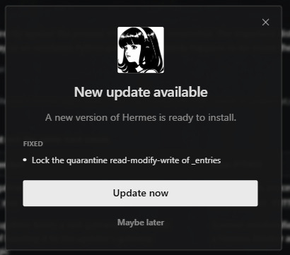 Hermes update available