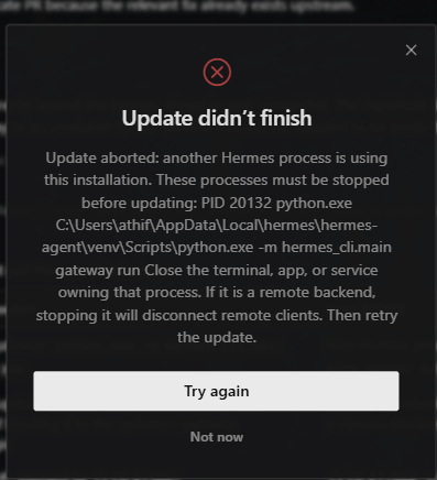 Hermes update failed