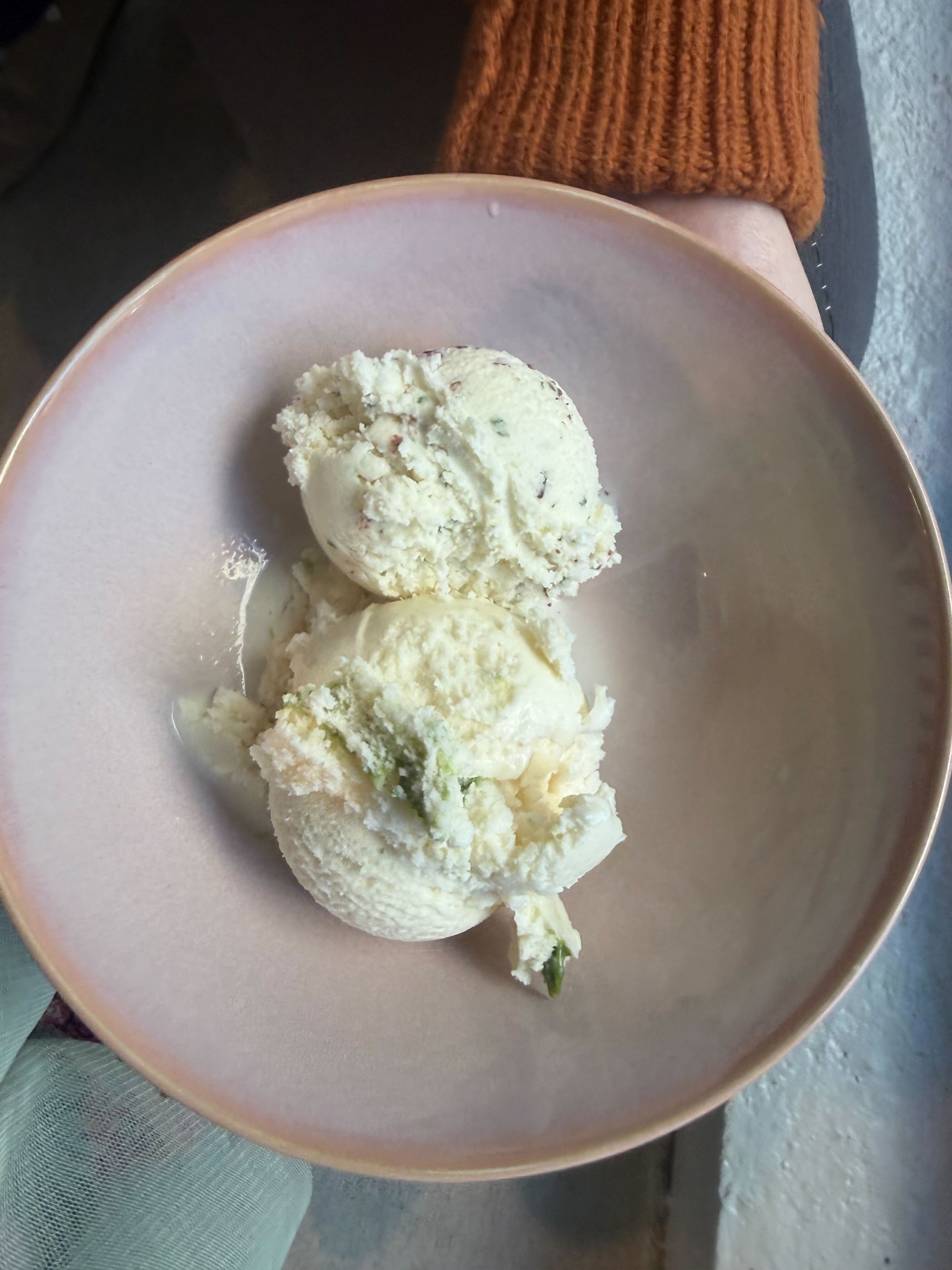 Two scoops of house-made ice cream in a pink bowl