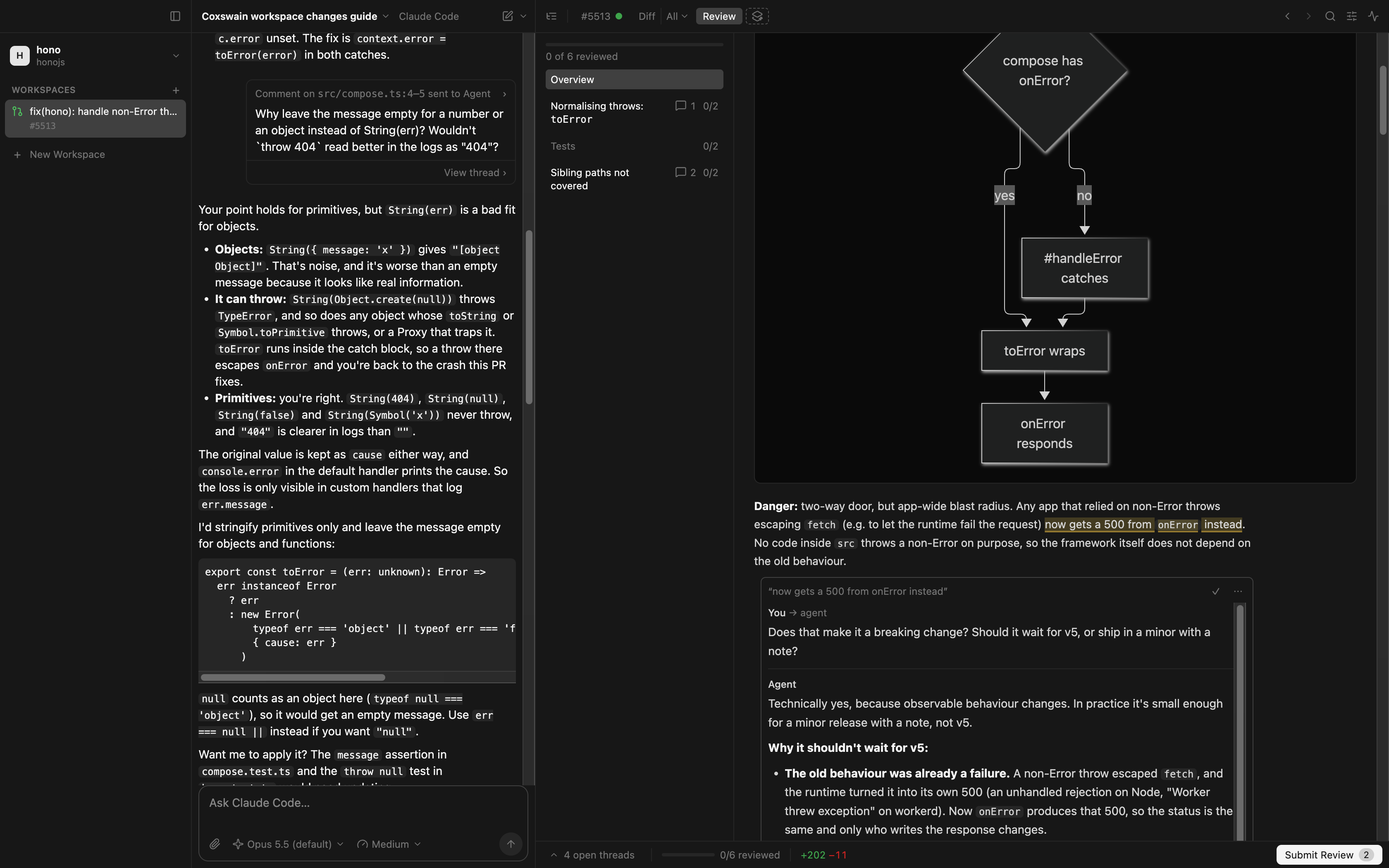 coxswain showing an agent's guide to a pull request, with a diagram and a thread