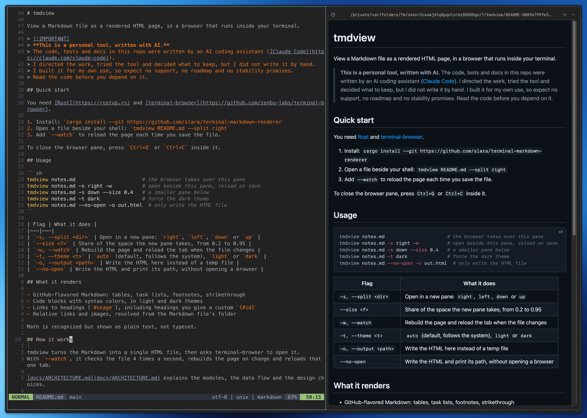 tmdview showing this README in a pane beside the editor
