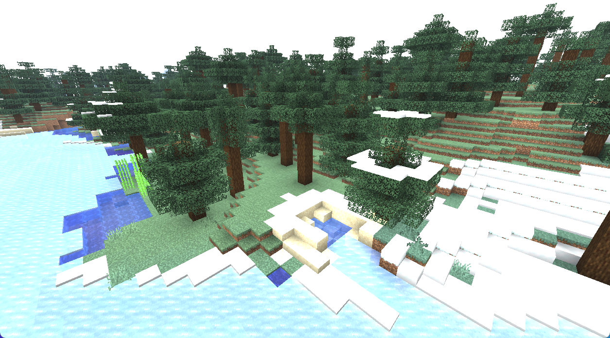 With SlashSlabs: half-slab steps feather the grass slope and the snowy shoreline