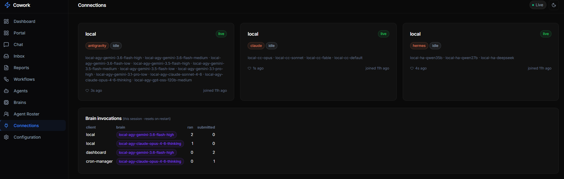 Connections view — live MCP clients, the brains they offer, and per-brain invocation counters
