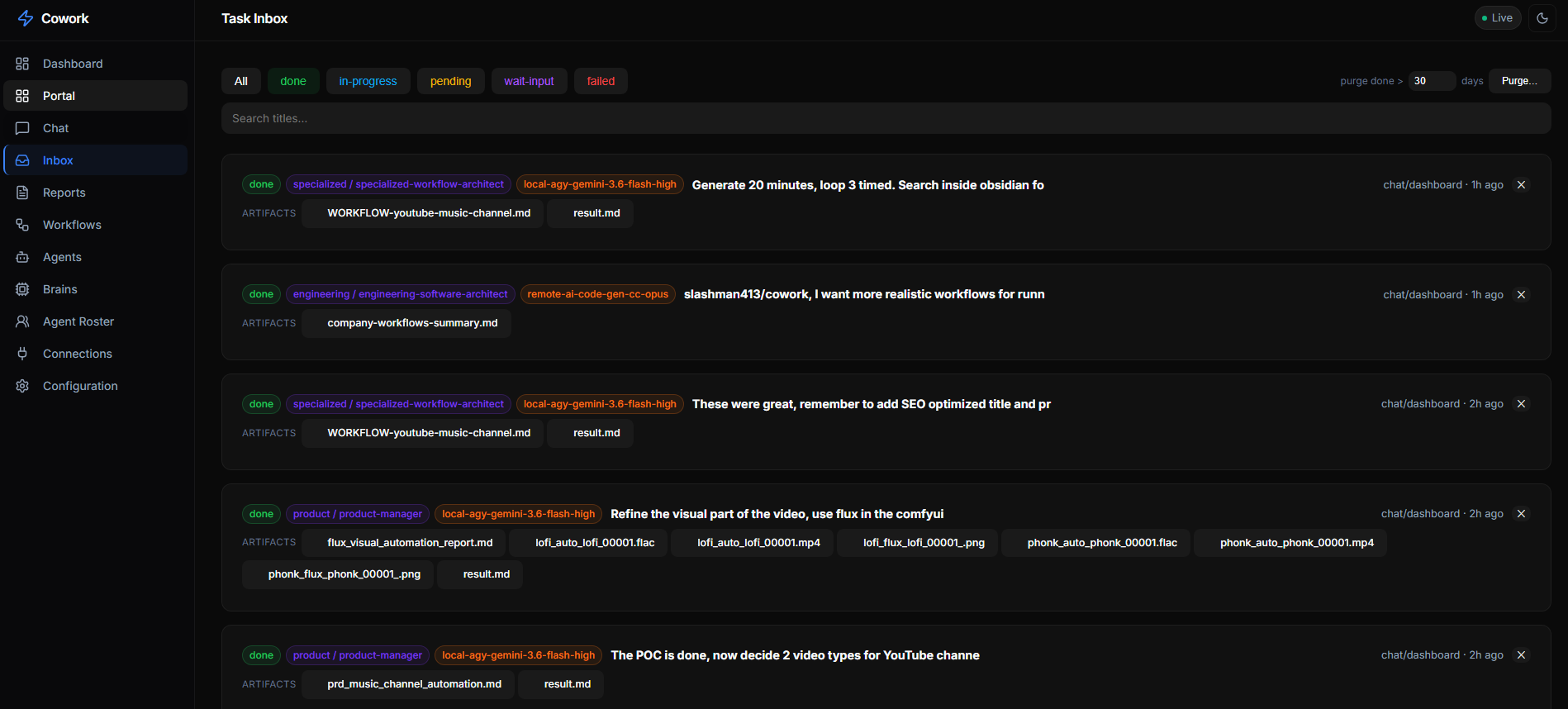 Task Inbox — tasks tagged with division/agent, brain, and downloadable artifacts