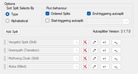 LiveSplit screenshot of the generated Aluba% Splits' settings