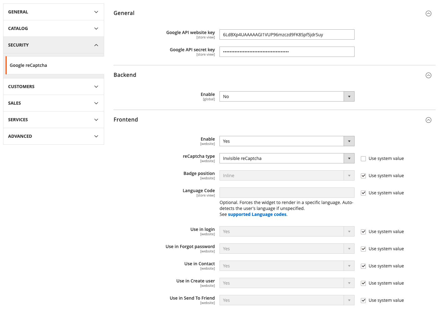 Google reCaptcha Config