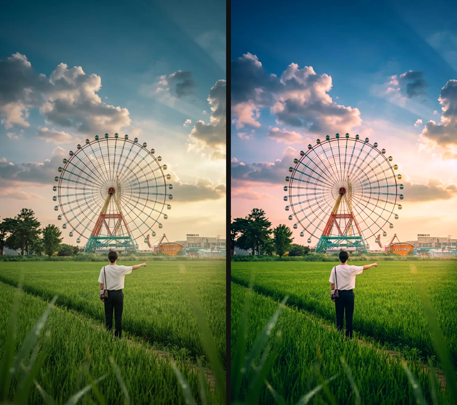Original photo next to the same photo graded with slay Neon