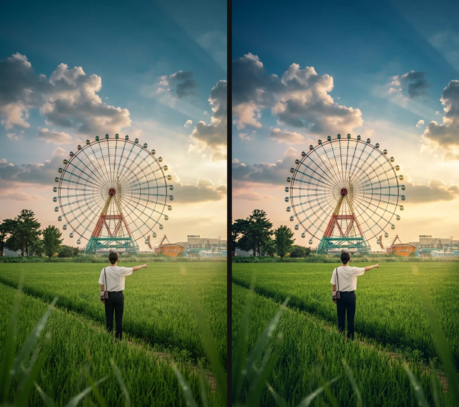 Original photo next to the same photo graded with slay Film