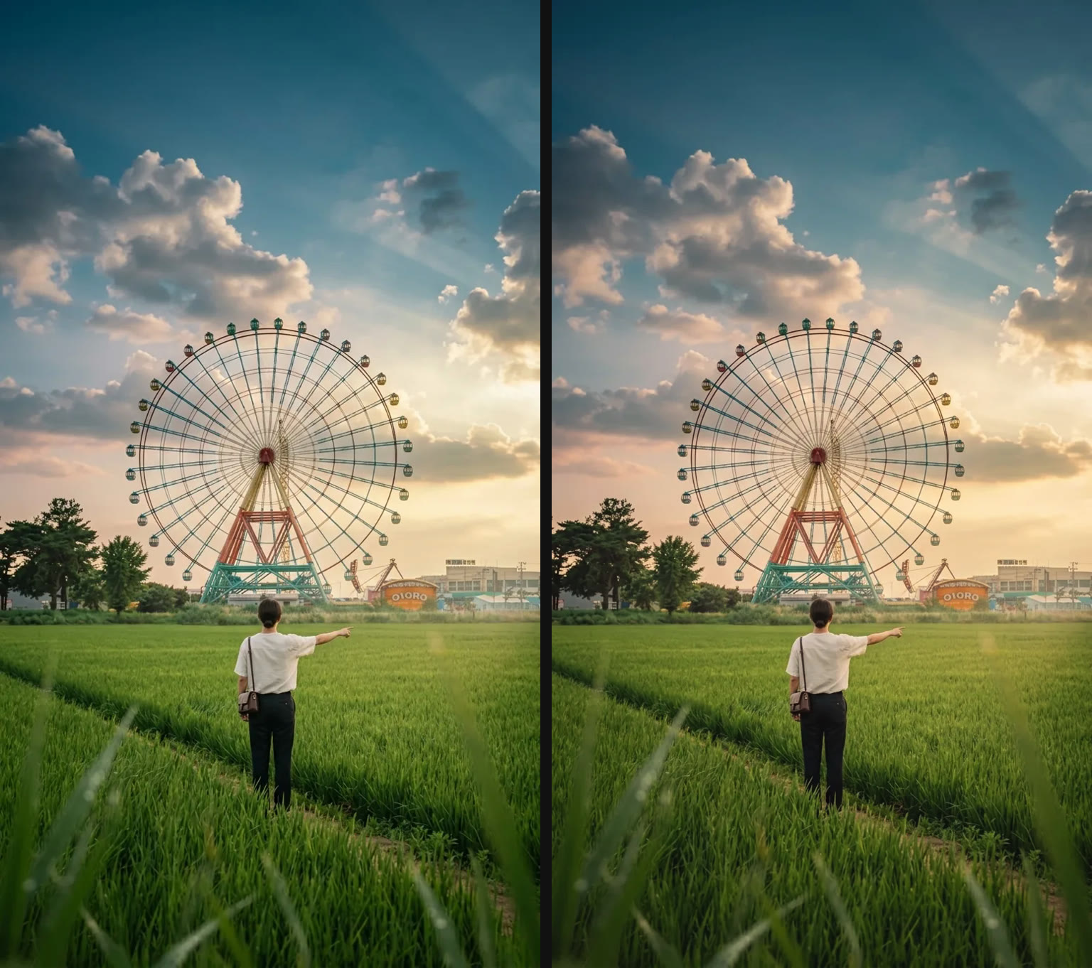 Original photo next to the same photo graded with slay Portrait