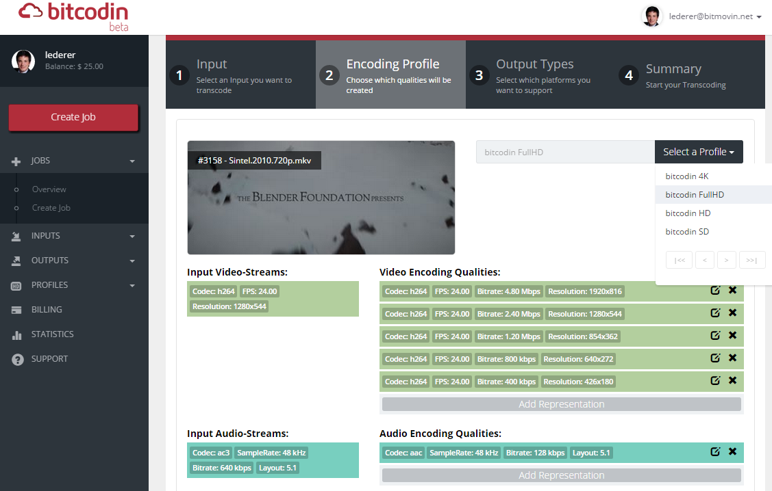 bitcodin Job Wizard Encoding Details
