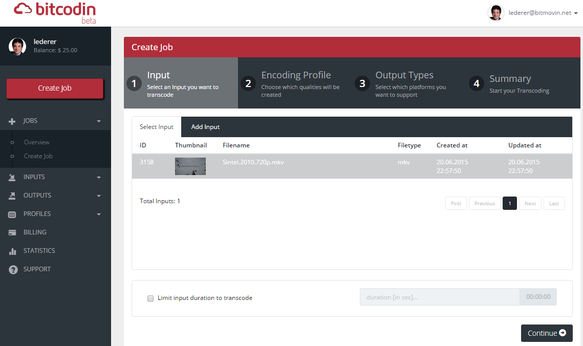 bitcodin Job Wizard Input