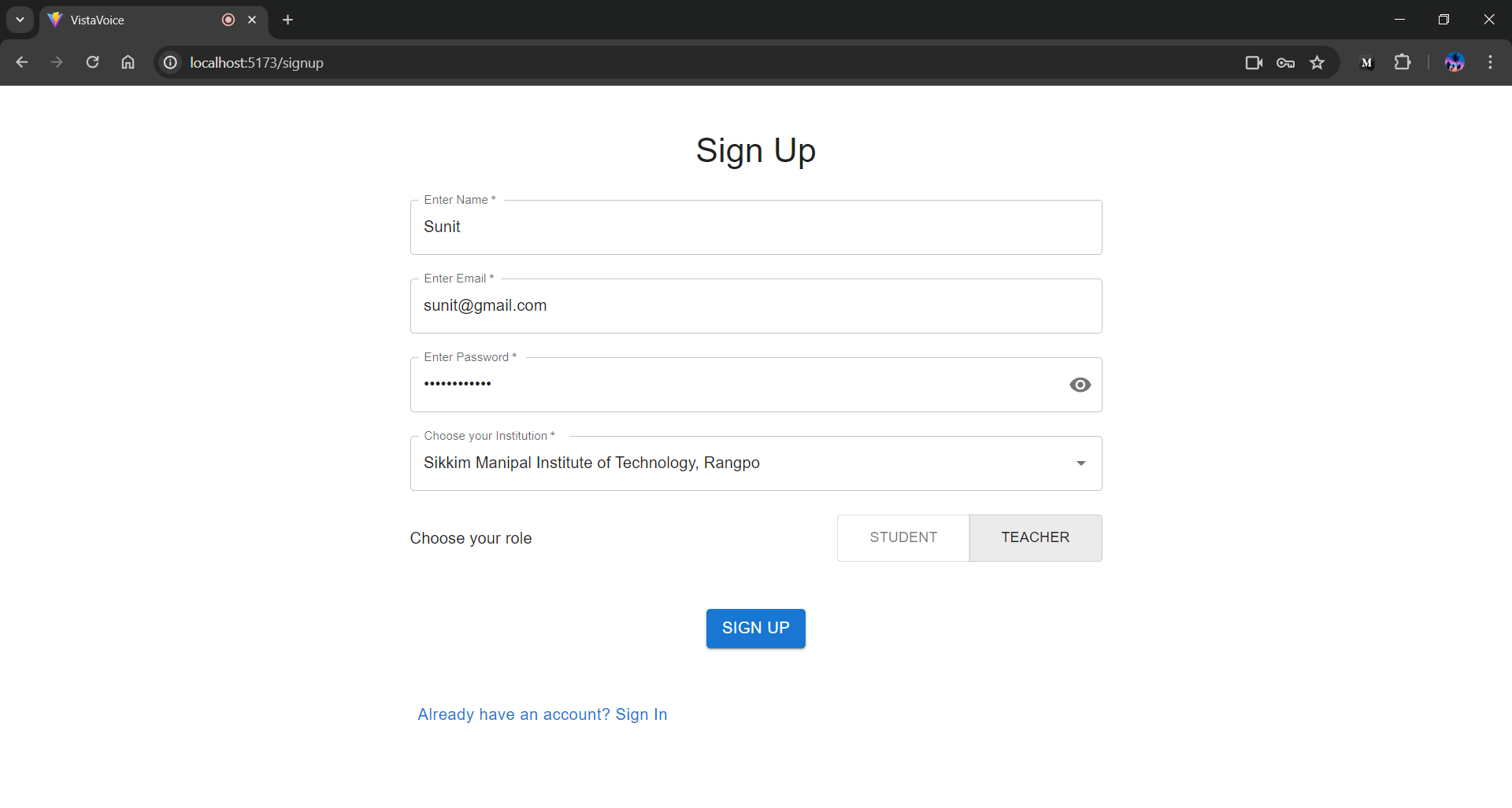 Sign Up Screen