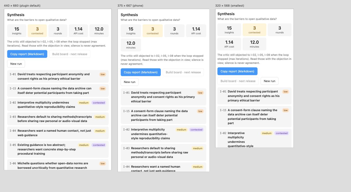 The Motif plugin's result screen with cost, insight count and a copy-report button, at 440, 375 and 320 pixels wide.