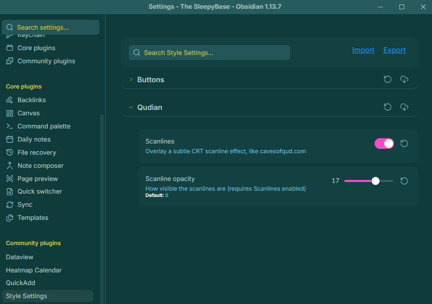 Scanlines toggle and opacity slider in Style Settings