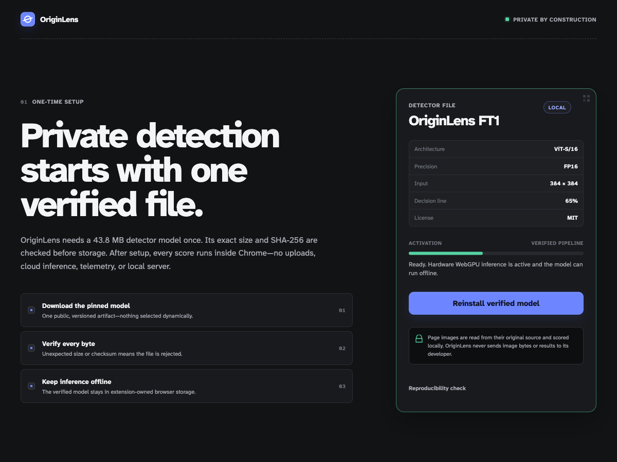 OriginLens verified-model setup showing local WebGPU ready state