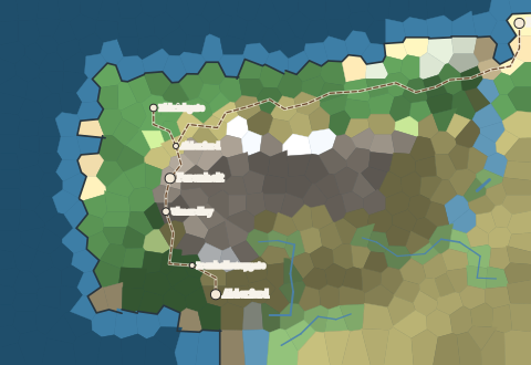settlements linked by terrain-routed roads