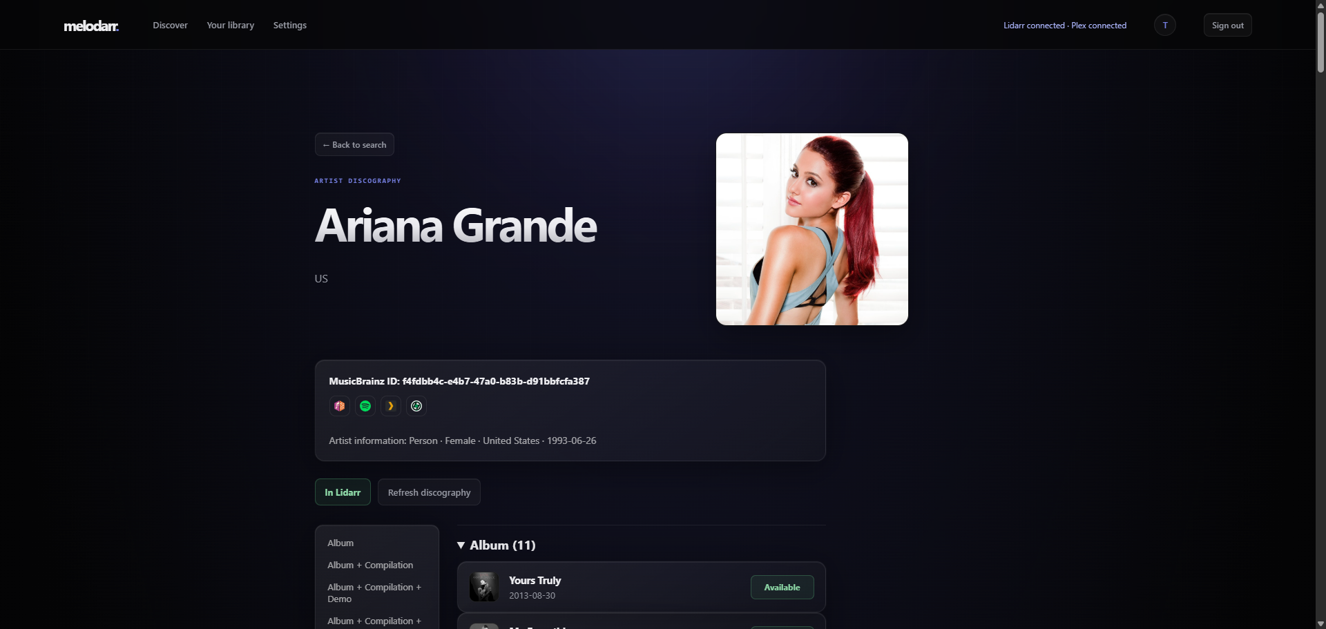 Melodarr artist page showing artist information and album availability