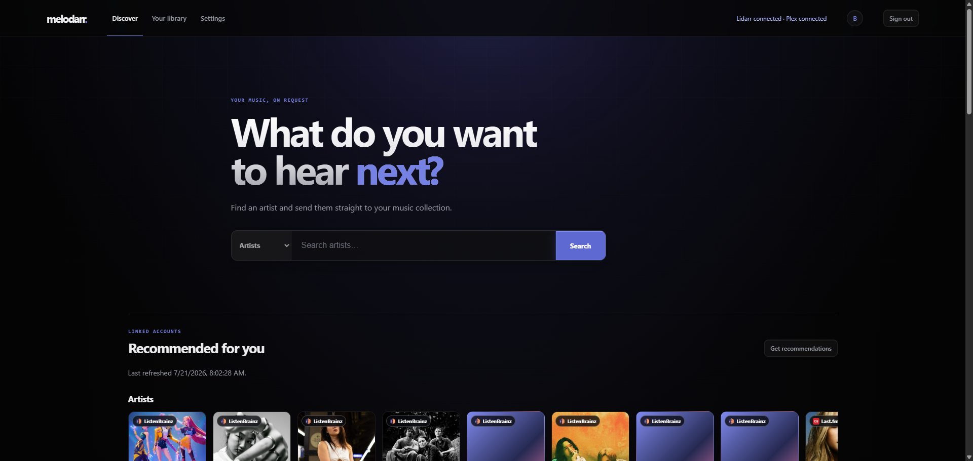 Melodarr Discover page showing music search and personalized recommendations
