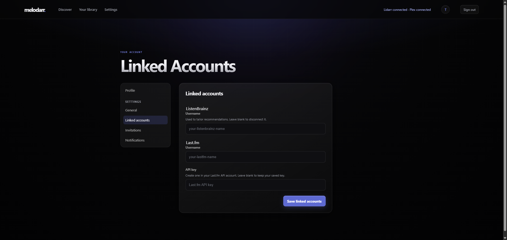 Melodarr linked accounts page for ListenBrainz and Last.fm