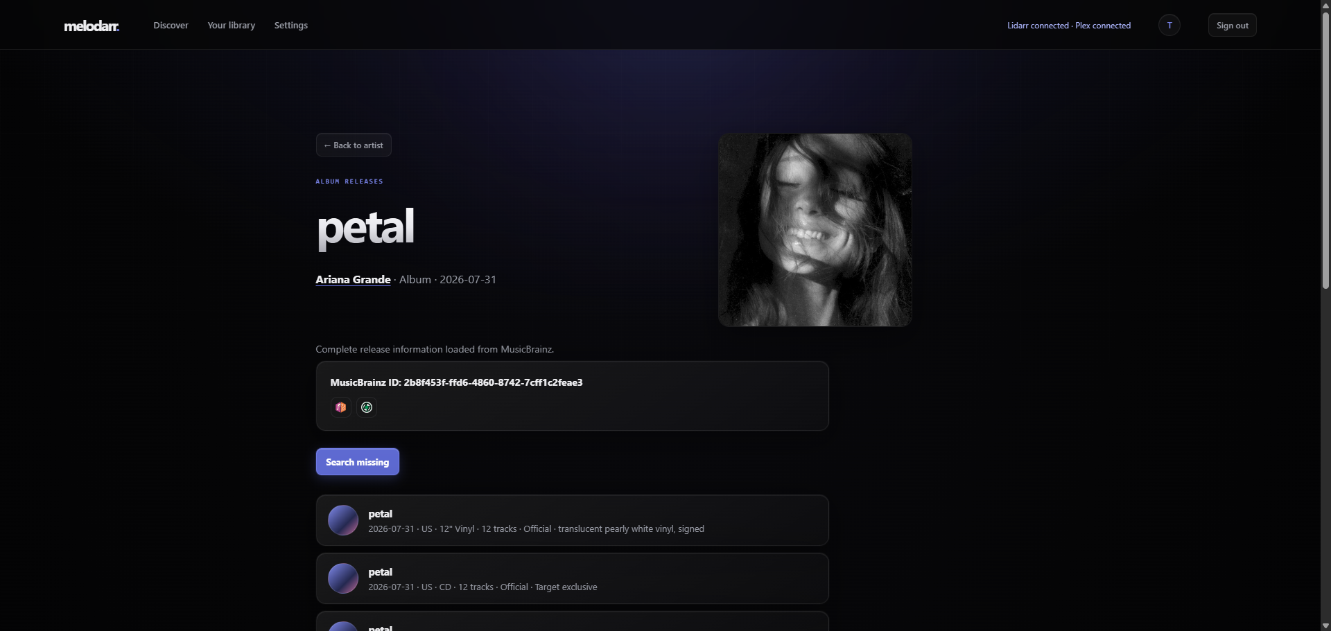 Melodarr release group page showing editions and the search missing action