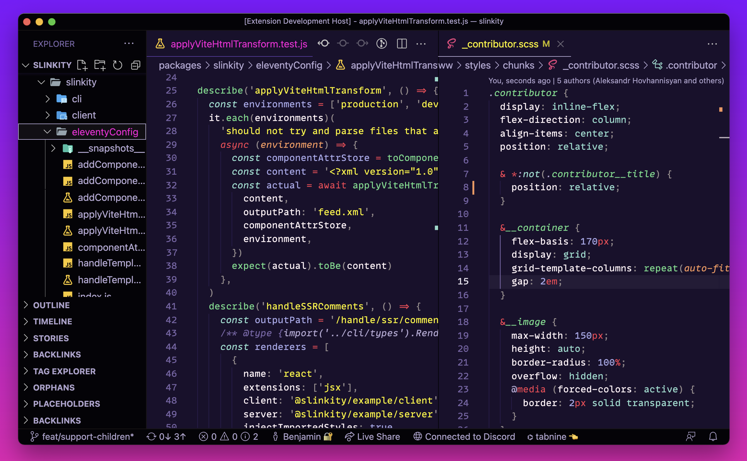 Split-pane editor using the "slinkwave" theme. Previews syntax for scss and JS