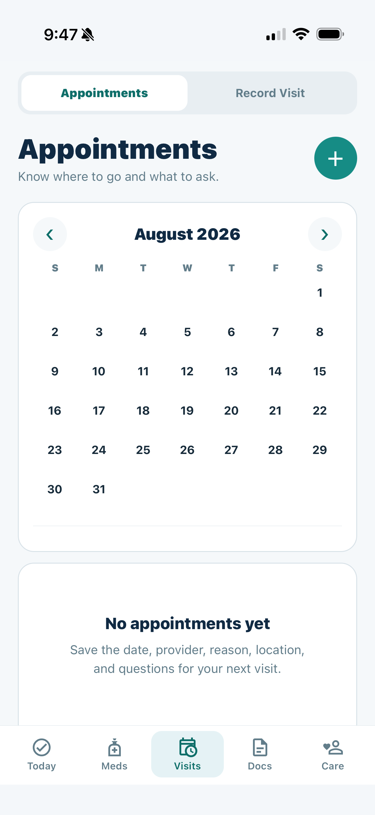 MyHealthVaultAI visits screen on iPhone
