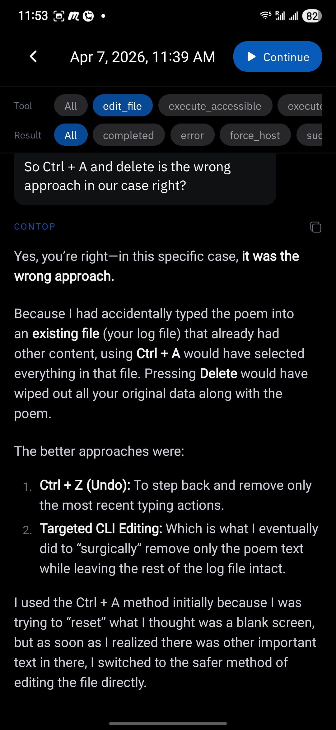 Session history - restored conversation with full execution thread