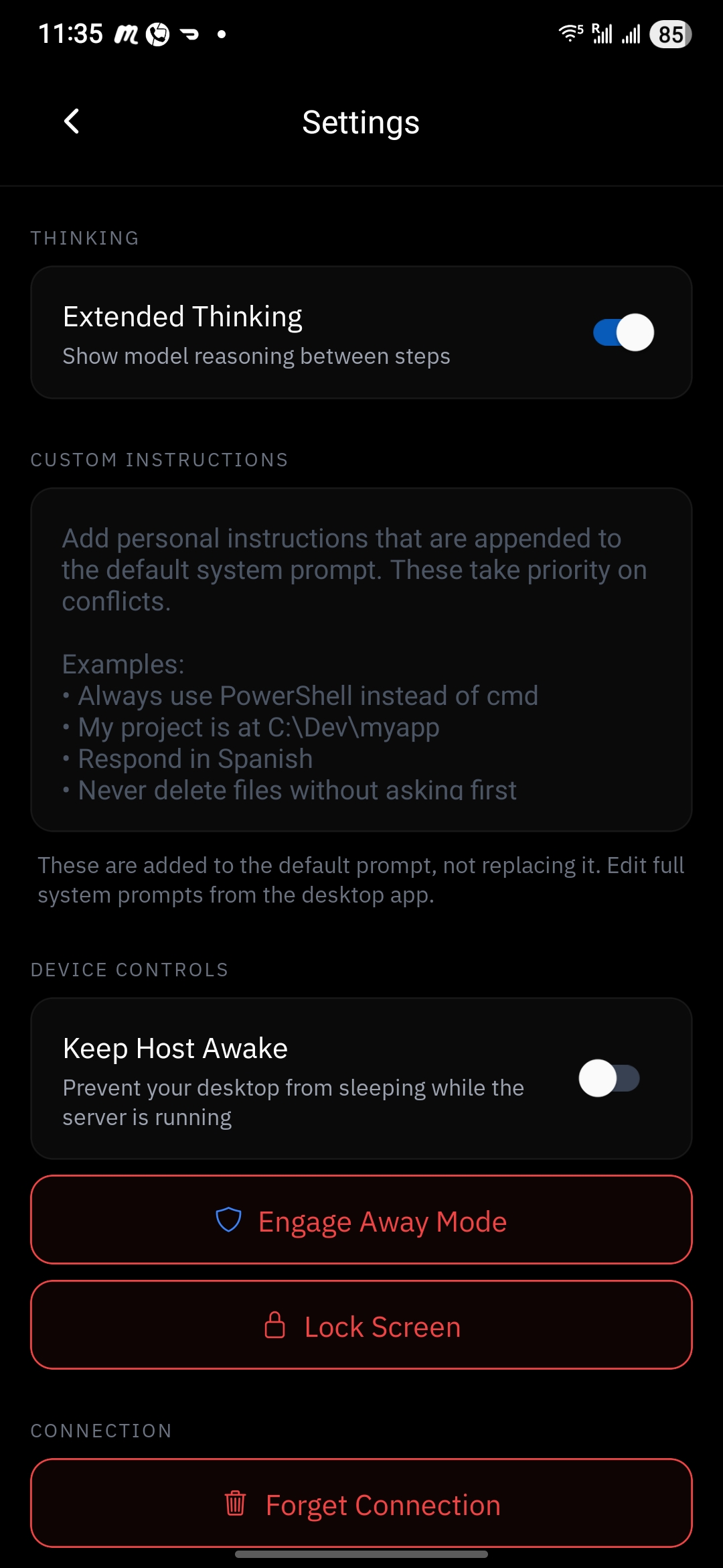 Settings - security rules and system prompts