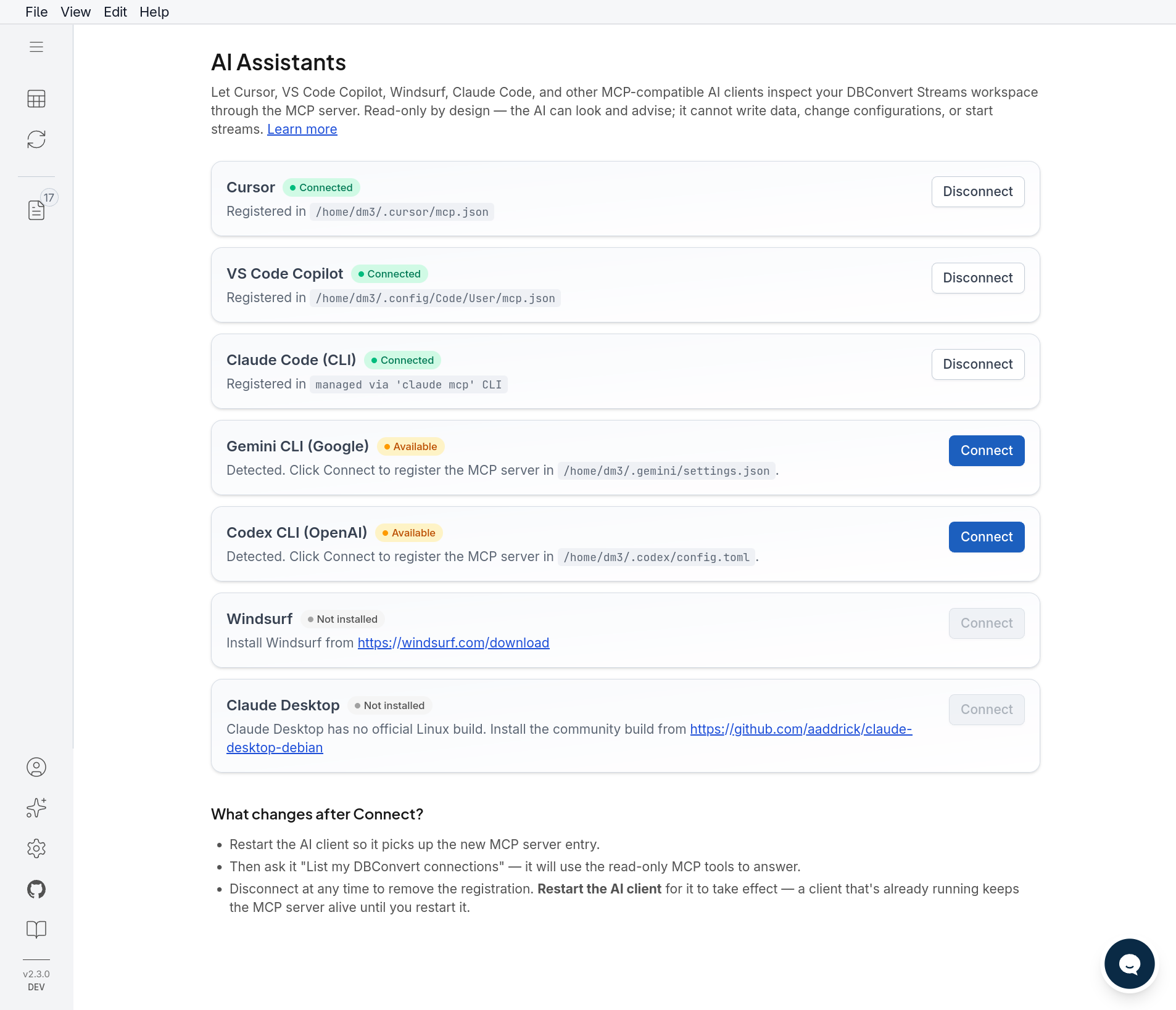DBConvert Streams AI Assistants panel
