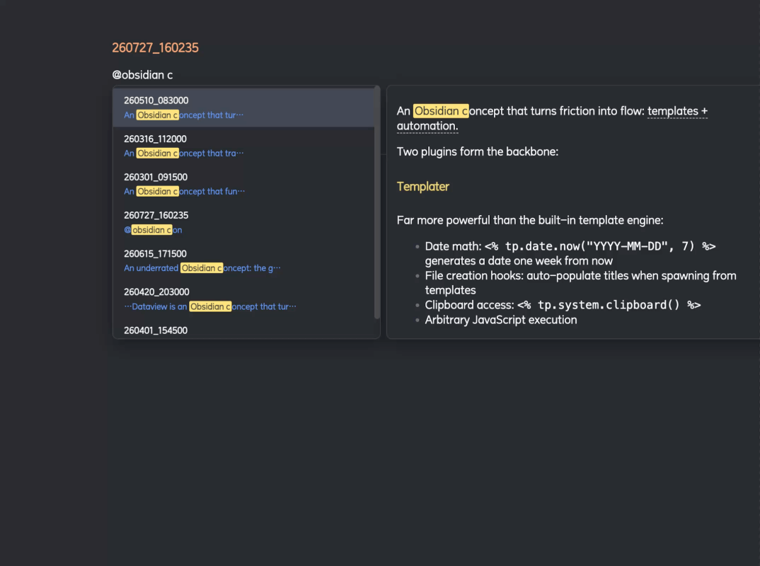 Mention Autocomplete screenshot — Demo of the Mention Autocomplete plugin in action, showing how it finds and links notes based on content.